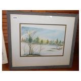 FIELD SCENE WATER COLOR, IN FRAME, PICTURE IS