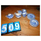 BLUE WILLOW DISHES, CREAMER CRACK ON SPOUT,