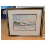 WATERCOLOR OF BARN IN WINTER 17" X 21"