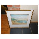 WATERCOLOR LAKESIDE SCENE COTTAGES 18"H X 21"