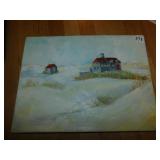 OIL ON CANVAS, HOUSE & SHED IN SNOW, NOT FRAMED,
