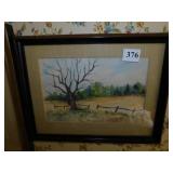 WATER COLOR, TREE IN FIELD WITH FENCE, 10" X 13"