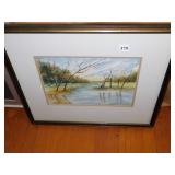 WATER COLOR, BARE TREES BY SMALL LAKE, 20" X 24"