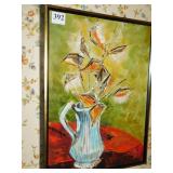 OIL ON CANVAS, PITCHER WITH FLOWERS ON TABLE, 17"