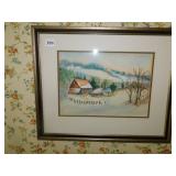 WATER COLOR, WINTER SCENE, HOUSE WITH FENCE, 17"