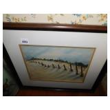 WATER COLOR, FENCE IN A FIELD WITH HOUSE IN