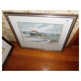 WATER COLOR, SCENE OF AN INLET, FENCE, HOUSE,
