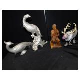POT METAL BIRDS, WOODEN CARVED STATUE, PLASTIC