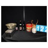 ANTLER, TIN, SODA BOTTLE, ETC.