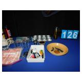 GRAY CROCK W/ COW, TRAVEL CUPS, BIRTHDAY SUPPLIES