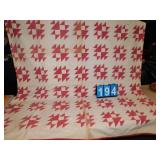 VINTAGE COTTON QUILT 67" X 67" RED AND OFF WHITE