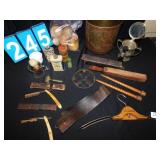 RAZOR STROPE, WOOD CANDLESTICKS, PLATED SHAVING