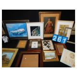 THREE FRAMED PICTURES GLASS IS CRACKED ON ONE,