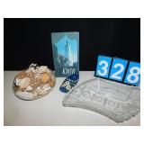 DRIED FLOWERS, DELFT SHOE, CUT GLASS DISH WITH A