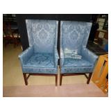 TWO LIGHT BLUE WING BACK CHAIRS WOOD LEGS SOME