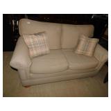 TAN LOVE SEAT SOFT FABRIC WOOD LEGS 57"W 36"DEEP