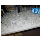 DECANTER, ASSORTED WINE GLASSES, ETCHED AND