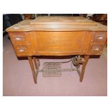 WHITE TREADLE SEWING MACHINE WITH OAK CABINET,