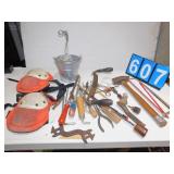 DEERING WRENCH, DRAW KNIFE, GALVINIZED BUCKET,