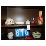 COVERED CASSEROLE, MARQUEEN CUP, CANDLES, BLUE &