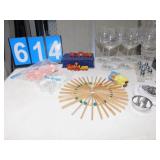 6 WINE GLASSES, VASE, SILVERPLATE SERVING PIECES