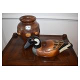 WOOD DUCK AND 8" H WOOD CARVED VASE