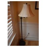 BROWN METAL SWING ARM FLOOR LAMP W/ BEIGE SHADE