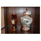 ENAMELED RUBY 6 1/2" H VASE AND GINGER JAR