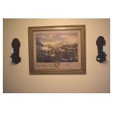 WOOD CANDLE HOLDERS AND GLASS VASE W/ RED ROSES