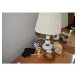 MILK GLASS LAMP, WESTCLOCK DESK CLOCK, ETC.