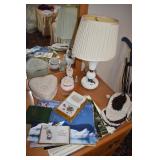 MILK GLASS LAMP, HEART COVERED BOX, RING HOLDER,