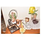 RUBY ETCHED BASKET, TELECHRON WOOD CASE CLOCK,