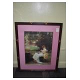 PRINT WOOD FRAME WOMAN W/ SEWING BASKET 29" W X