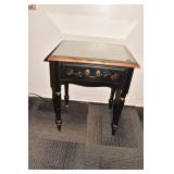 SINGLE DRAWER STAND BLACK STENCILED W/ GLASS TOP