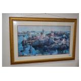 BAYSIDE FISHING SCENE W/ CHILDREN 44" W X 29" H