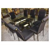 UNIQUE SET GLASS TABLE W/ 8 ARMLESS CHAIRS -