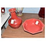 RED POTTERY VASE13" H & OCTAGON 12" BOWL