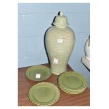 LIGHT GREEN POTTERY 21" JAR & 6 PLATES HOME