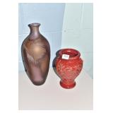ART GLASS VASE 15" & RED POTTERY VASE