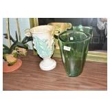 THICK GREEN VASE AND 12" POTTERY VASE