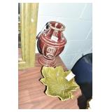 POTTERY GLAZED URN 12" AND DISH