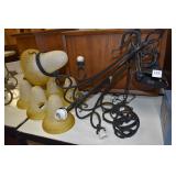 6 ARM BLACK METAL AND FROSTED SHADE CHANDELIER