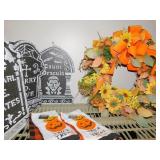 WREATH/ FOAM HALLOWEEN SIGNS, NEW TOWELS, ETC.