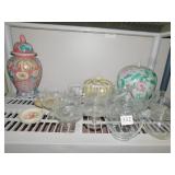 2 GINGER JARS, GLASS SERVING DISHES, COVERED BOX