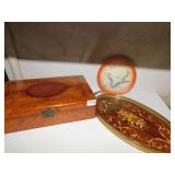 WOOD BOX, ORIENTAL PLATE, INLAY TRAY W/ HANDLES