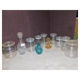 AMBER PERFUME BOTTLE, DECANTER, 6 GLASS JARS