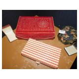BOXES INCL. RED JEWELRY, STRAW CLUTCH, ETC.