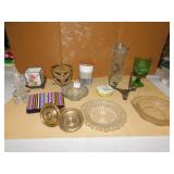 BRASS DRAPERY TIE BACKS, GLASS TREE, ETC.