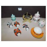 4 MINIATURE CERAMIC MASKS, ORIENTAL BUD VASES AND