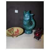 FISH VASE, BRASS BOWL WITH FLOWERS, ETC.